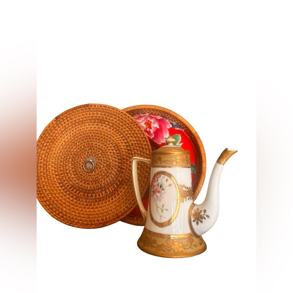 Vintage Asian Nippon Floral Teapot + Insulated Wicker Basket Cozy Muffineer